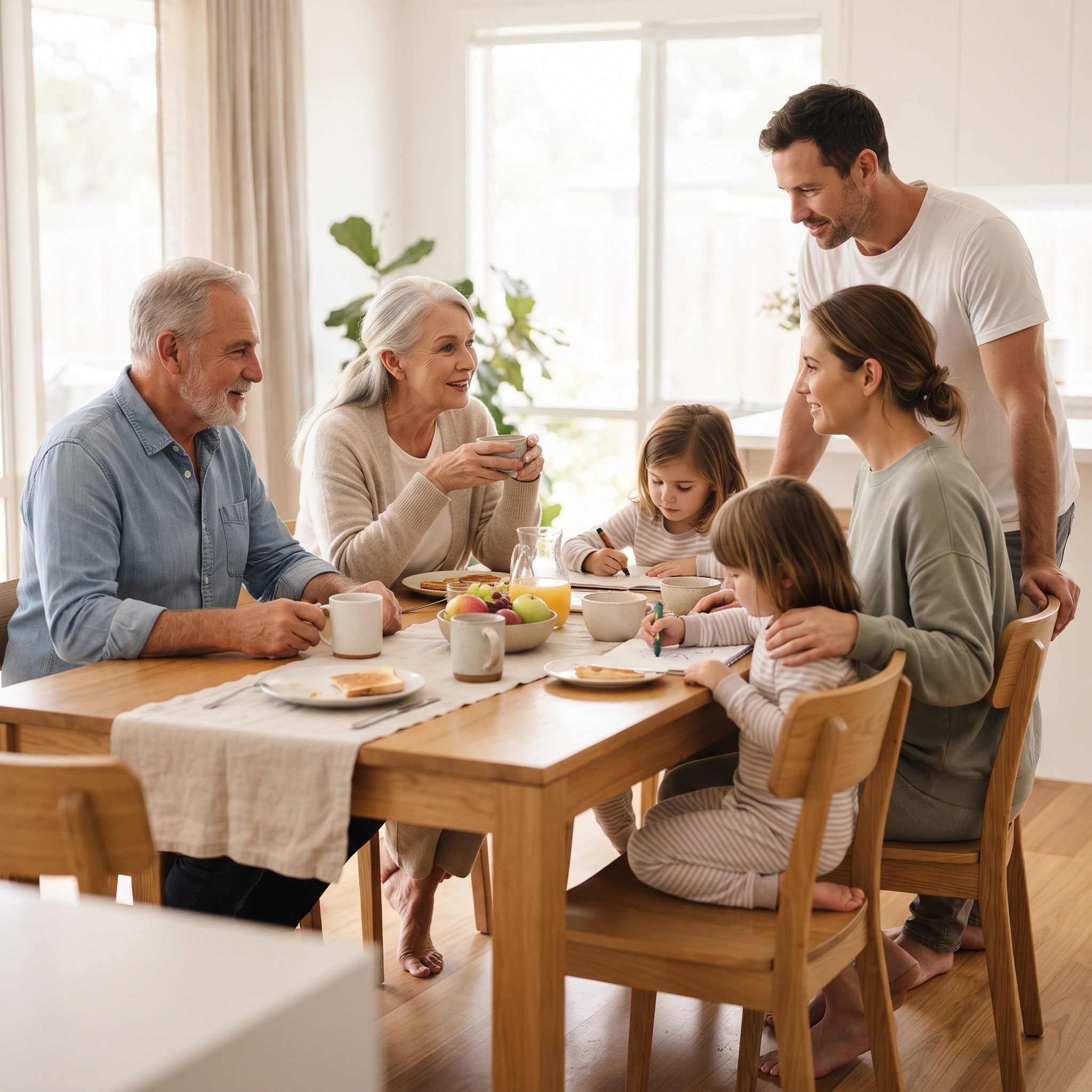 An Australian multi-generational family — grandparents, parents and two children — sharing breakfast together at a bright kitchen table
