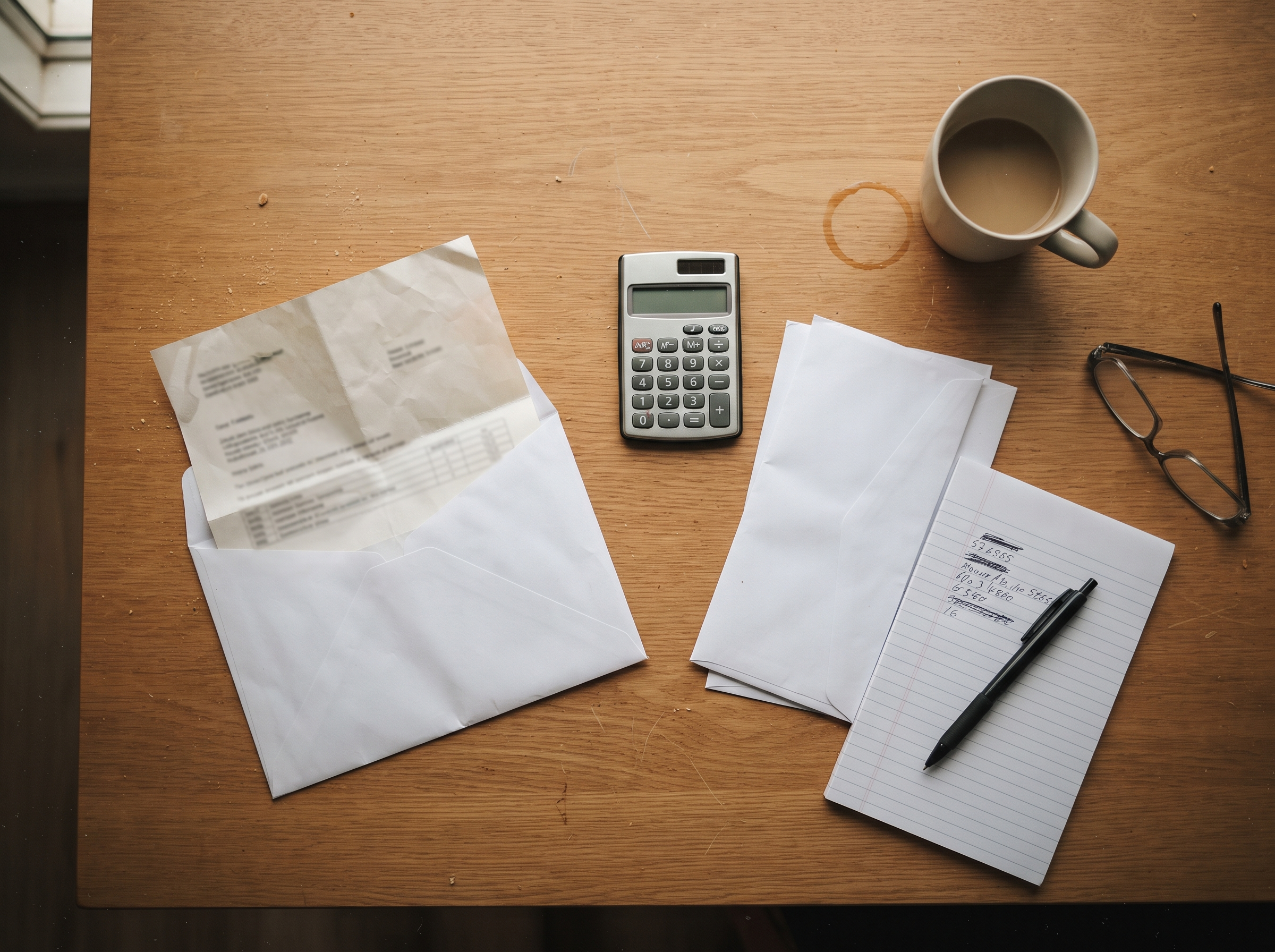 An envelope with a printed statement, a calculator, notepad and coffee on a kitchen table