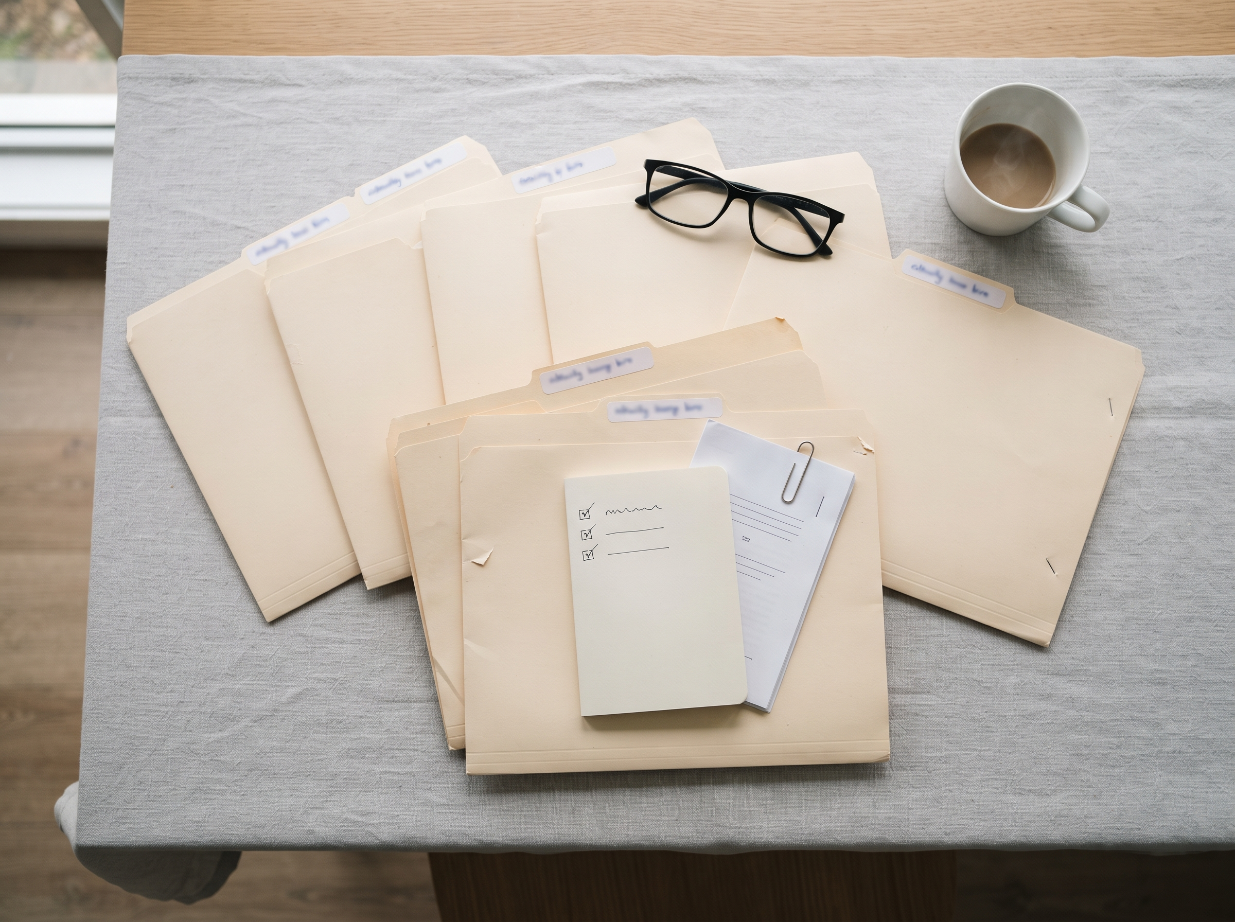 A fan of manila folders on a linen-covered desk, three folders pulled forward from the rest