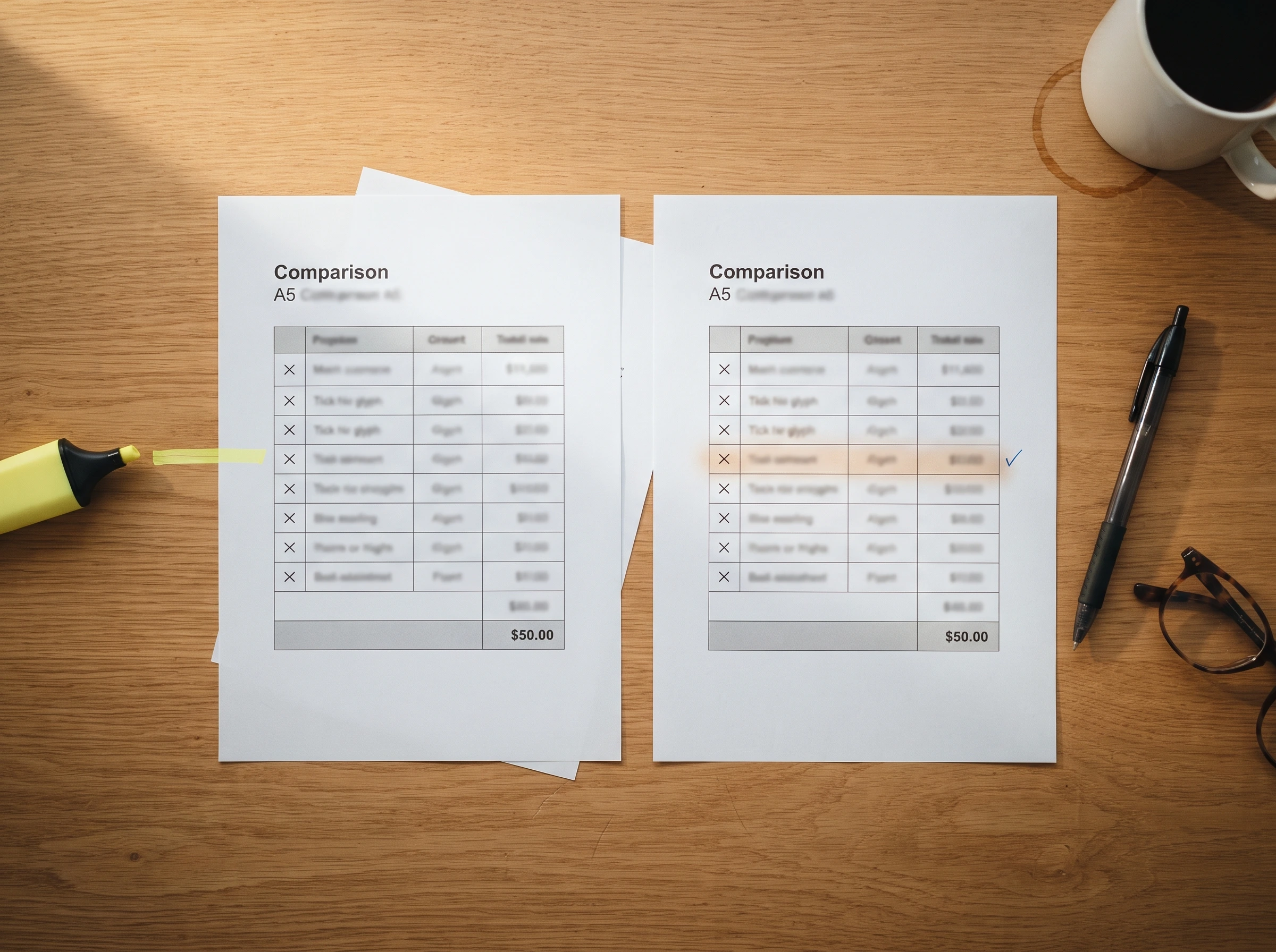 Two printed comparison sheets laid side-by-side on a wooden desk with a highlighter and pen, one row on the right sheet marked with a fresh tick
