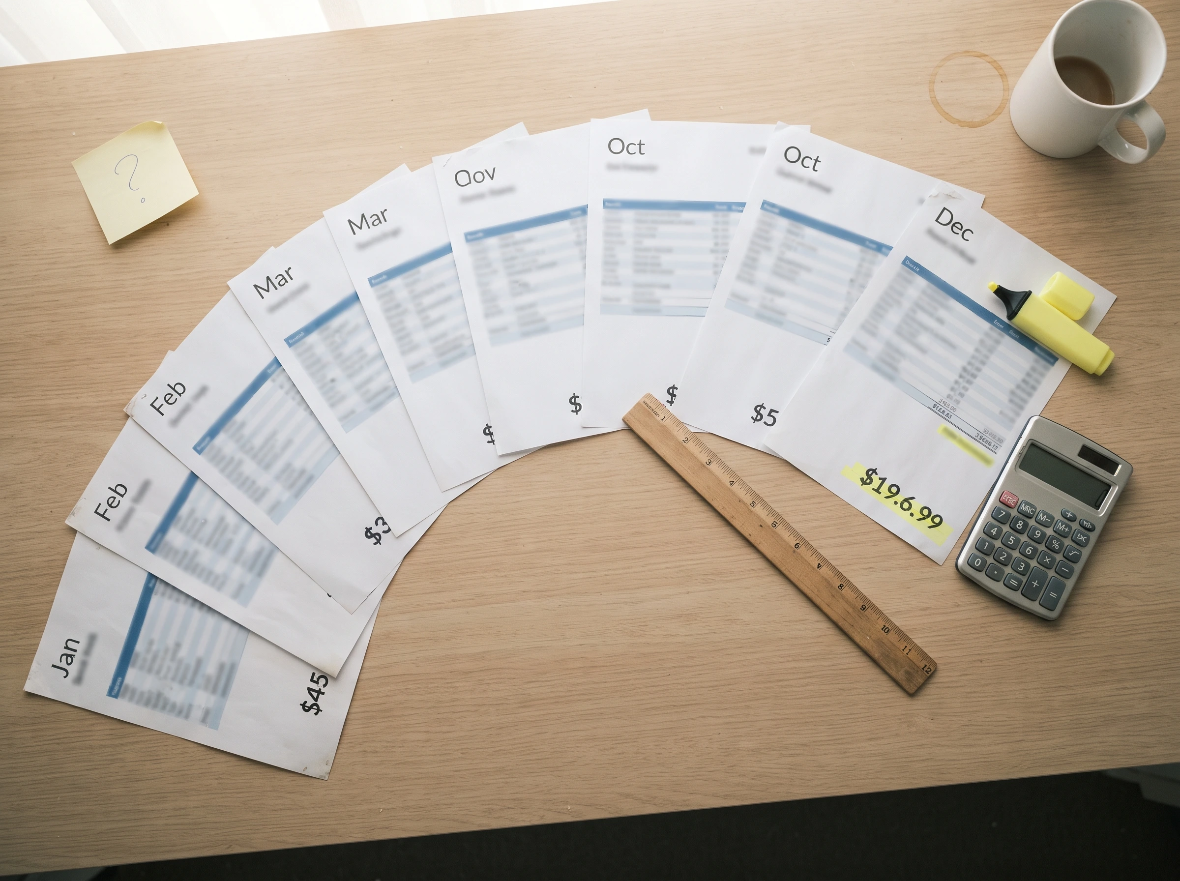 A fan of twelve monthly bank statements laid across a desk showing dollar amounts rising through the year