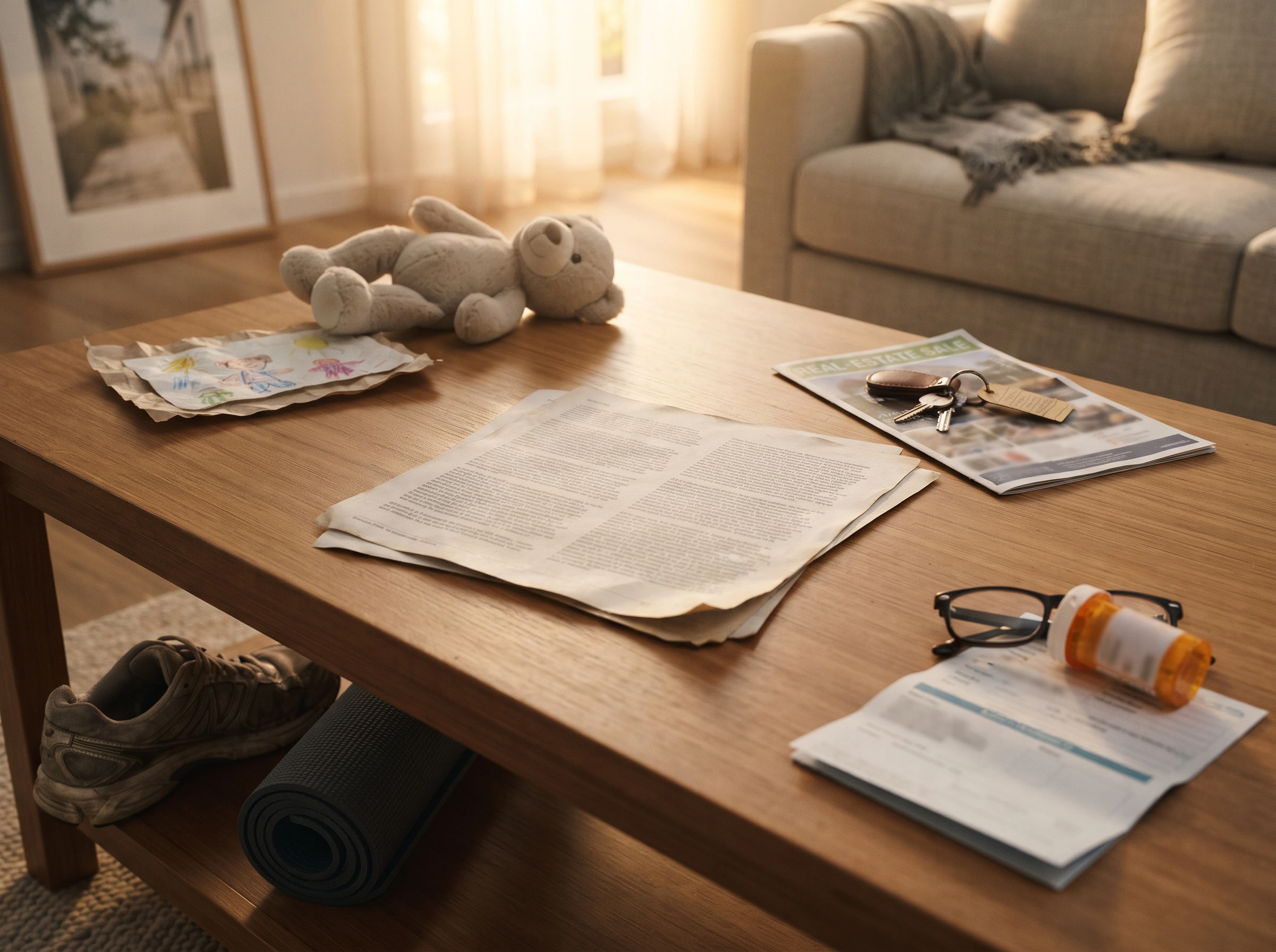 A living-room coffee table with a policy document surrounded by life-milestone items — a child's drawing, teddy, house keys, running shoes and reading glasses